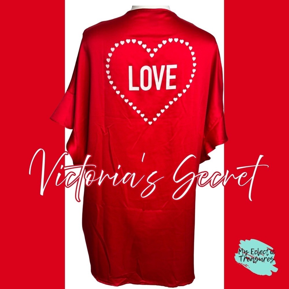 Victoria’s Secret Red Satin Kimono Robe LOVE Heart Graphic OS One Size